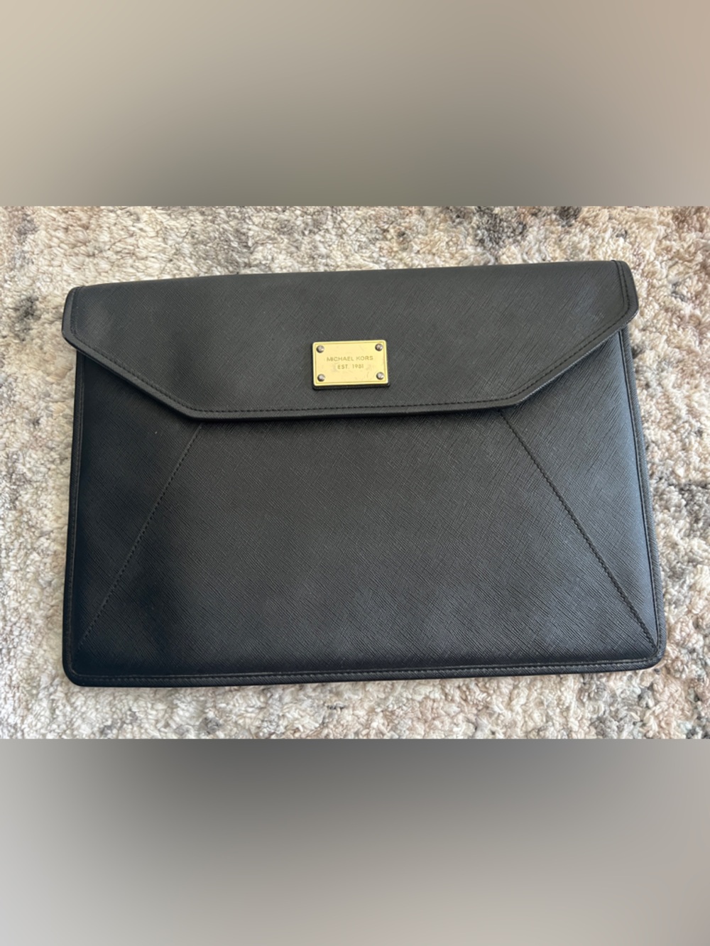 MICHAEL KORS Black Saffiano Leather Envelope Clutch with Gold Plaque